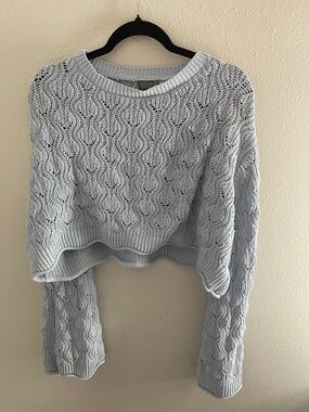 cupcakes & cashmere bell sleeve Pale Blue Cropped Cable-Knit Sweater